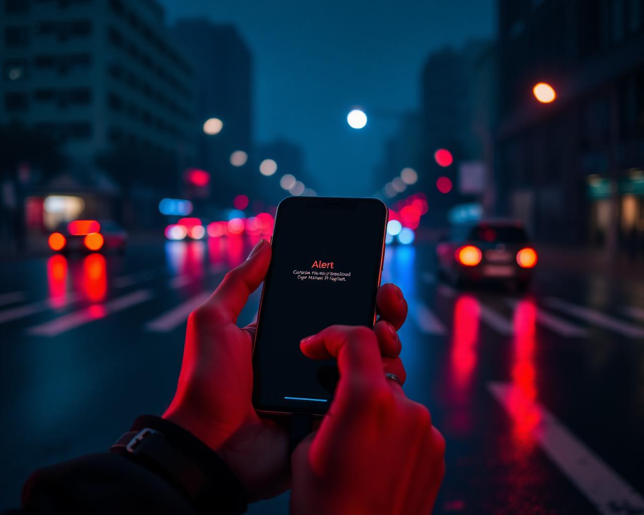 Driver receiving citation alert on phone at night